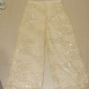 Chic Sequin Wide-Leg Pants in Cream